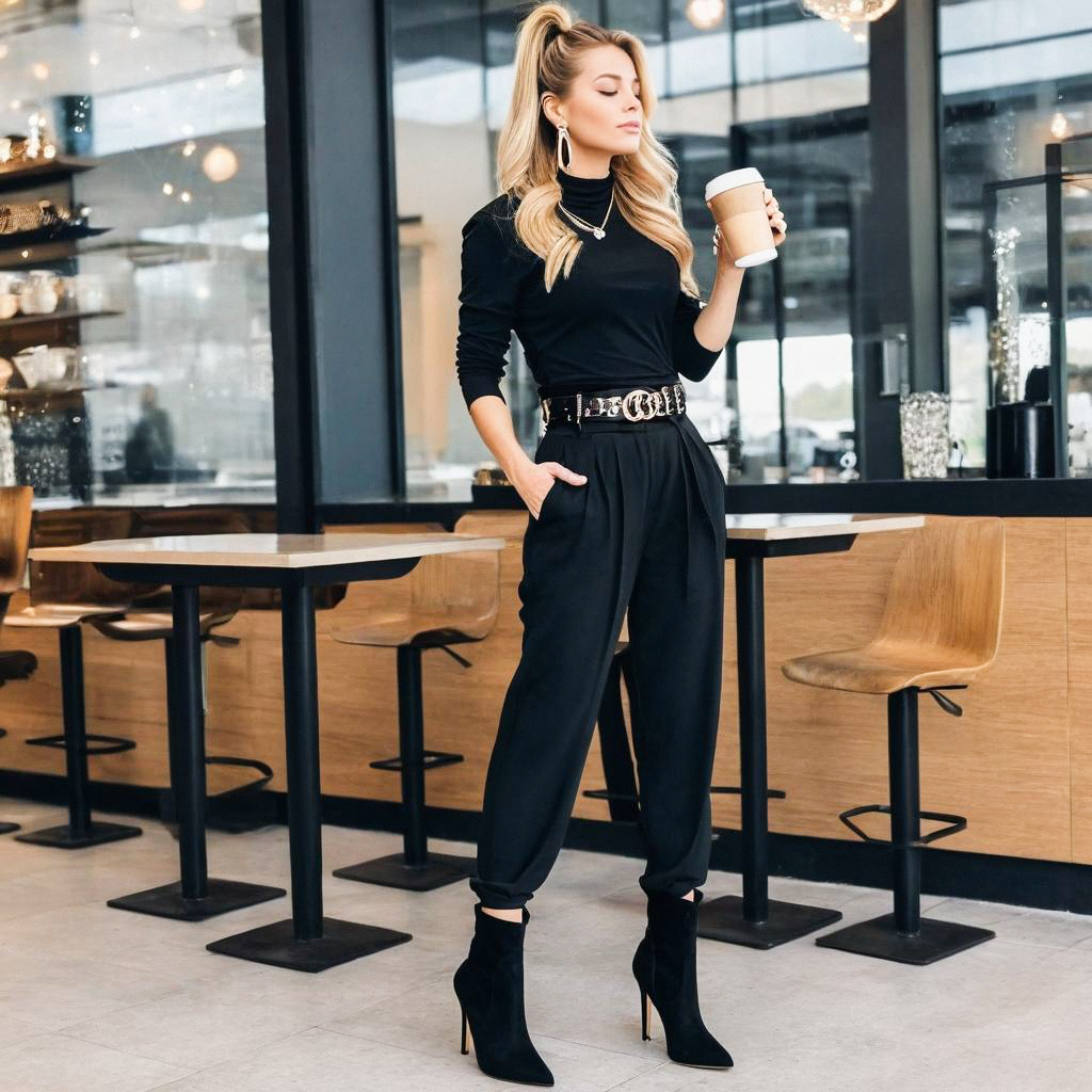 Stylish Woman in Black Outfit at Modern Café