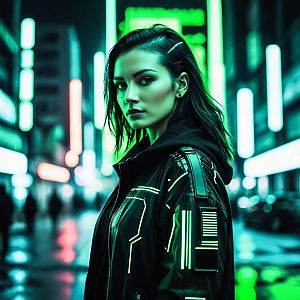Confident Woman in Neon-Lit Urban Street