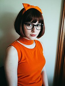 Woman in Velma Halloween Costume with Orange Top and Glasses