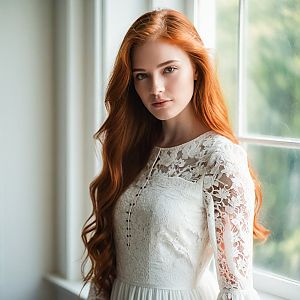 Young Woman in White Lace Dress by Window
