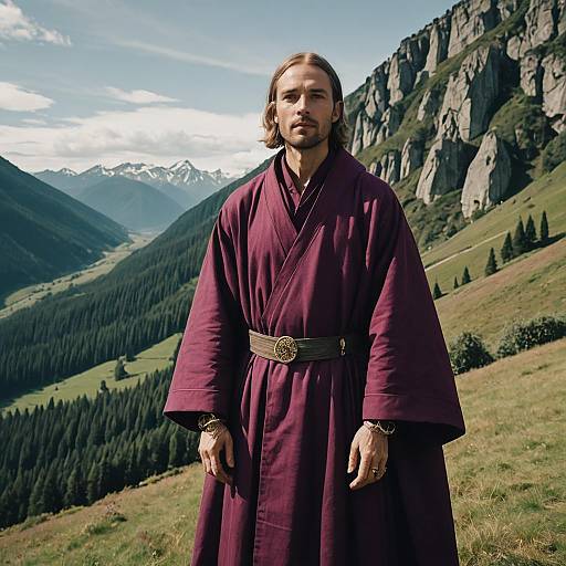 Man in Traditional Purple Robe Standing in Mountain Landscape