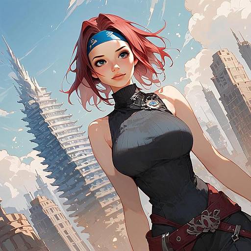 Anime Style Red-Haired Woman in Futuristic Cityscape Digital Art