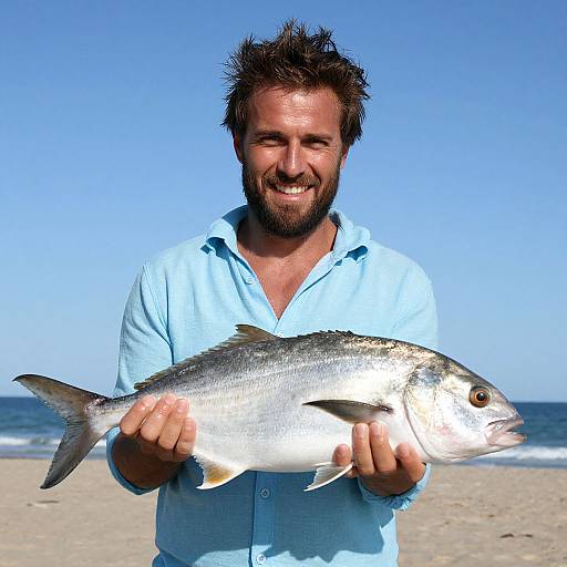 Smiling Man Holding Large Fish at the Beach