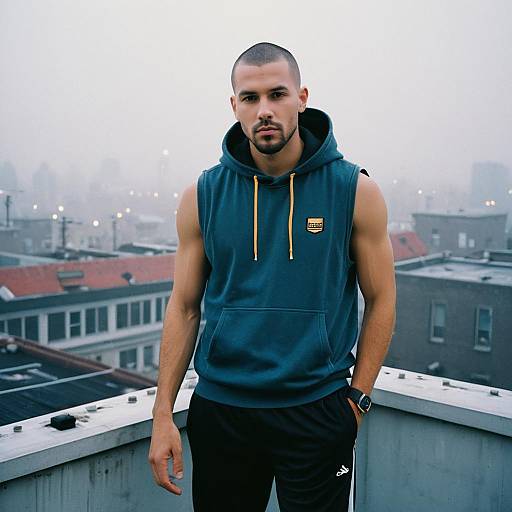 Young Man in Sleeveless Hoodie on Urban Rooftop with Foggy Cityscape