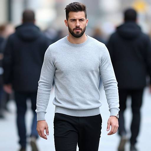 Confident Young Man in Grey Sweater Walking on Urban Street