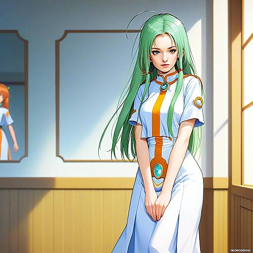 Anime Style Portrait of Woman with Green Hair in Futuristic Outfit