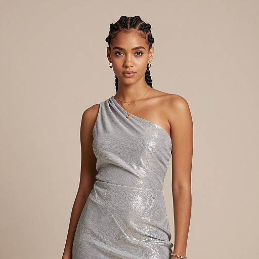 Young Woman in Shiny Silver One-Shoulder Dress with Braided Hair