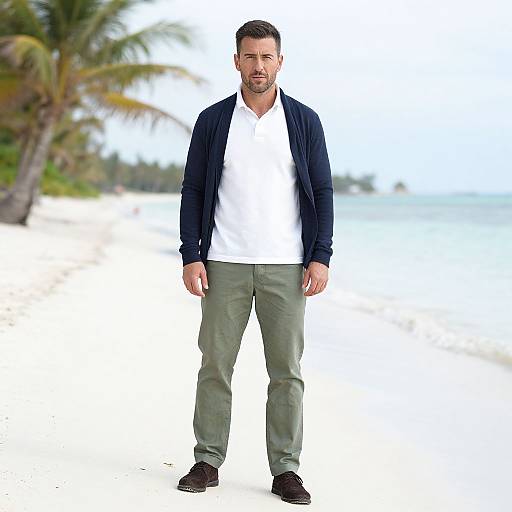 Man in Casual Outfit Standing on Tropical Beach with Palm Trees