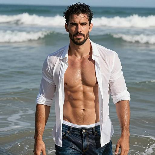 Fit Man Standing in Ocean Wearing White Shirt at Beach