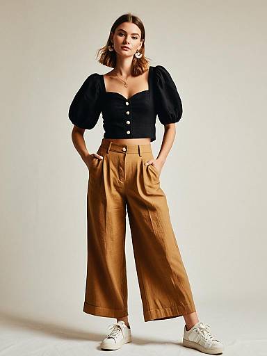 Woman in Casual Chic Cropped Black Puff Sleeve Top with Deep Sweetheart Neckline and Camel Wide-Leg Trousers