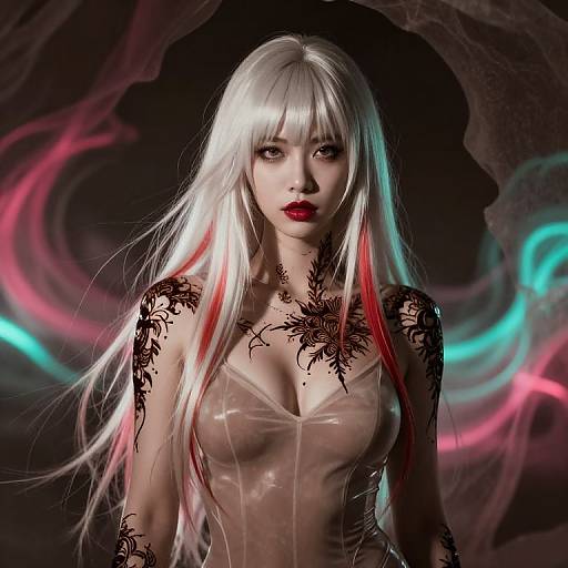 Edgy Woman with White and Pink Hair and Intricate Body Art in Neon Light