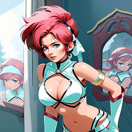 Anime Woman with Pink Hair in Futuristic Outfit Reflective Illustration