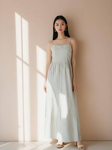 Woman Wearing Minimalist Sleeveless Midi Dress in Pale Pink with White Vertical Stripes