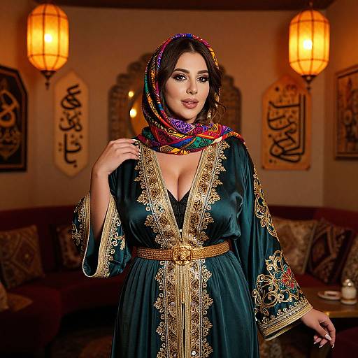 Elegant Woman in Traditional Middle Eastern Embroidered Gown with Colorful Headscarf
