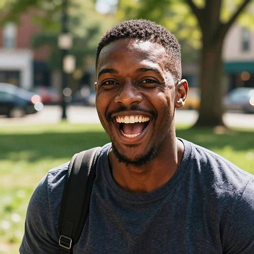 Happy Young Man Laughing Outdoors in Casual Urban Setting
