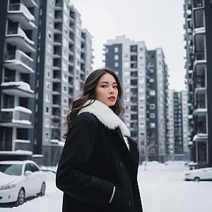 Young Woman in Black Coat with Fur Collar in Snowy Urban Setting