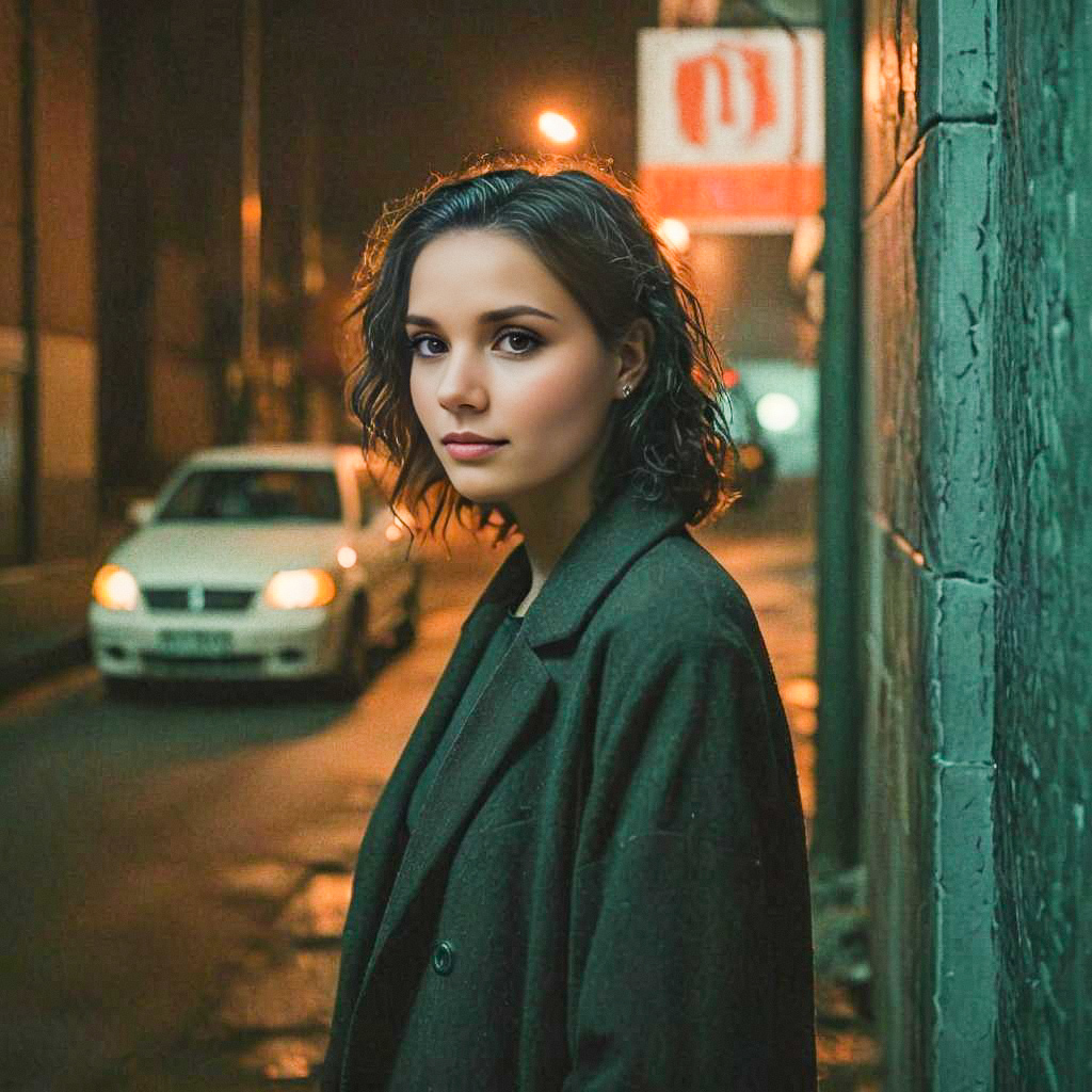 Contemplative Woman at Night in Urban Setting Contemplative Woman at Night in Urban Setting