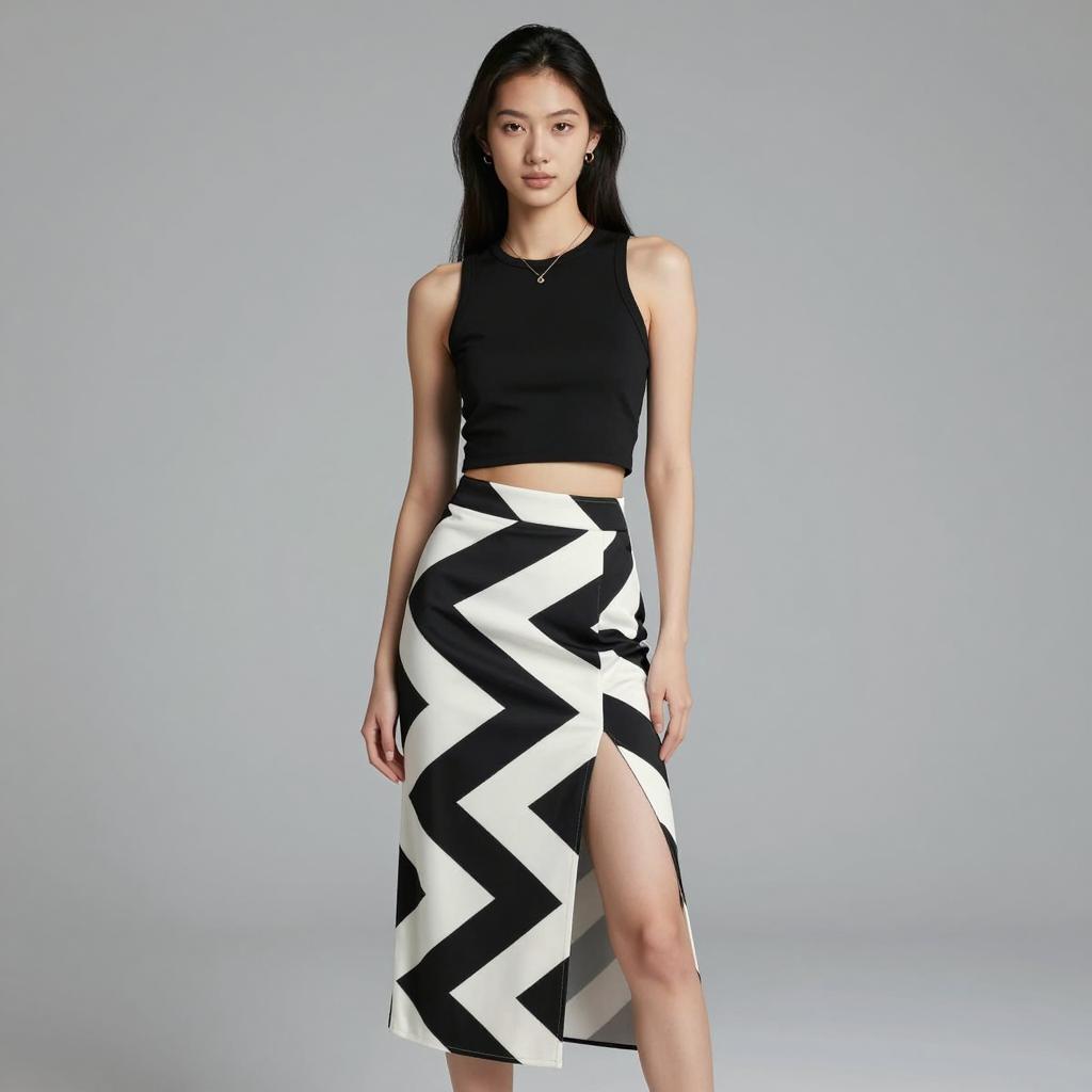 Gen Z Fashion Woman in Black Crop Top and Zigzag Slit Skirt