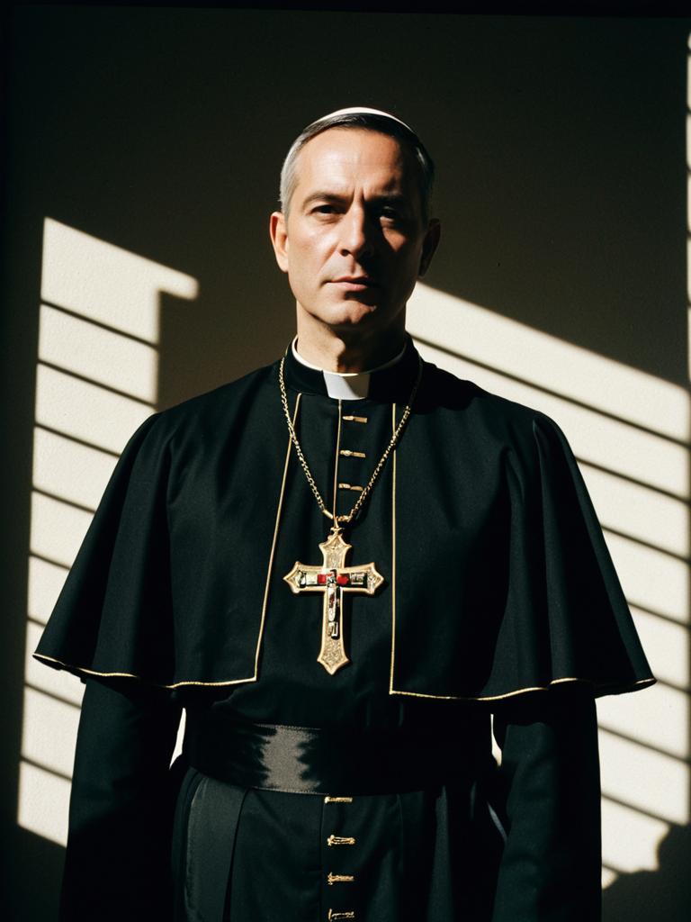 Man in Catholic Priest Costume Waist Up Editorial Portrait Dramatic