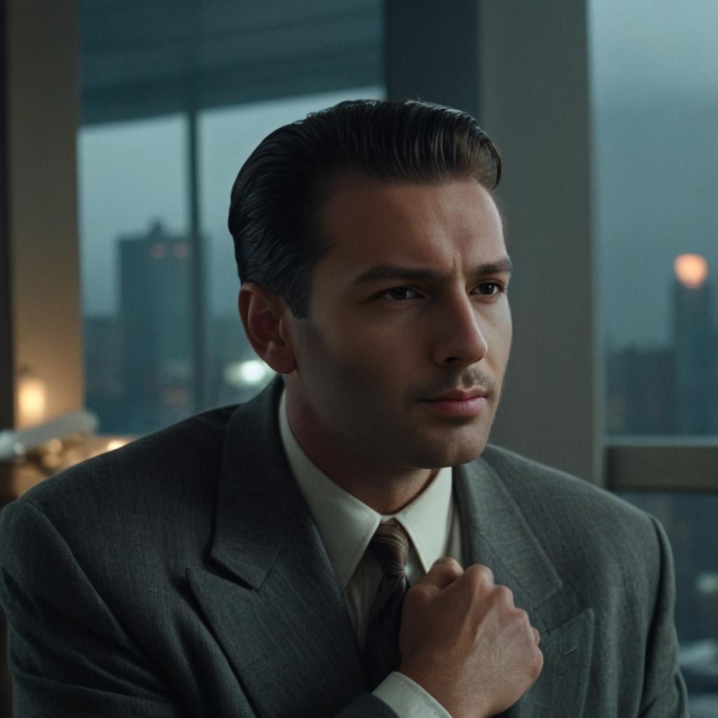 Pensive Man in Classic Suit Adjusting Tie