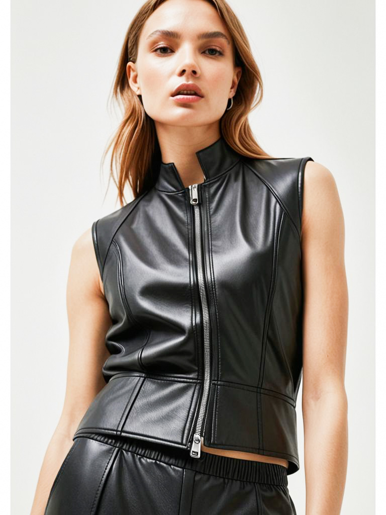 Stylish Woman in Black Faux Leather Vest