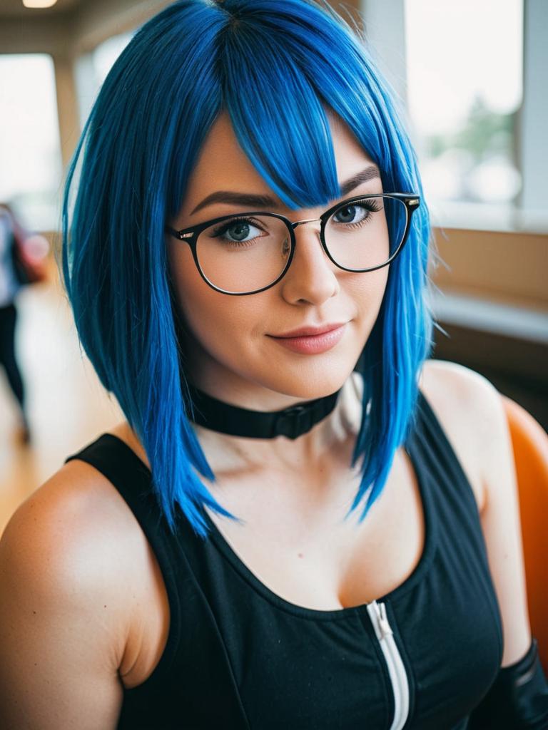 Portrait of Woman with Blue Hair and Glasses in Modern Urban Style