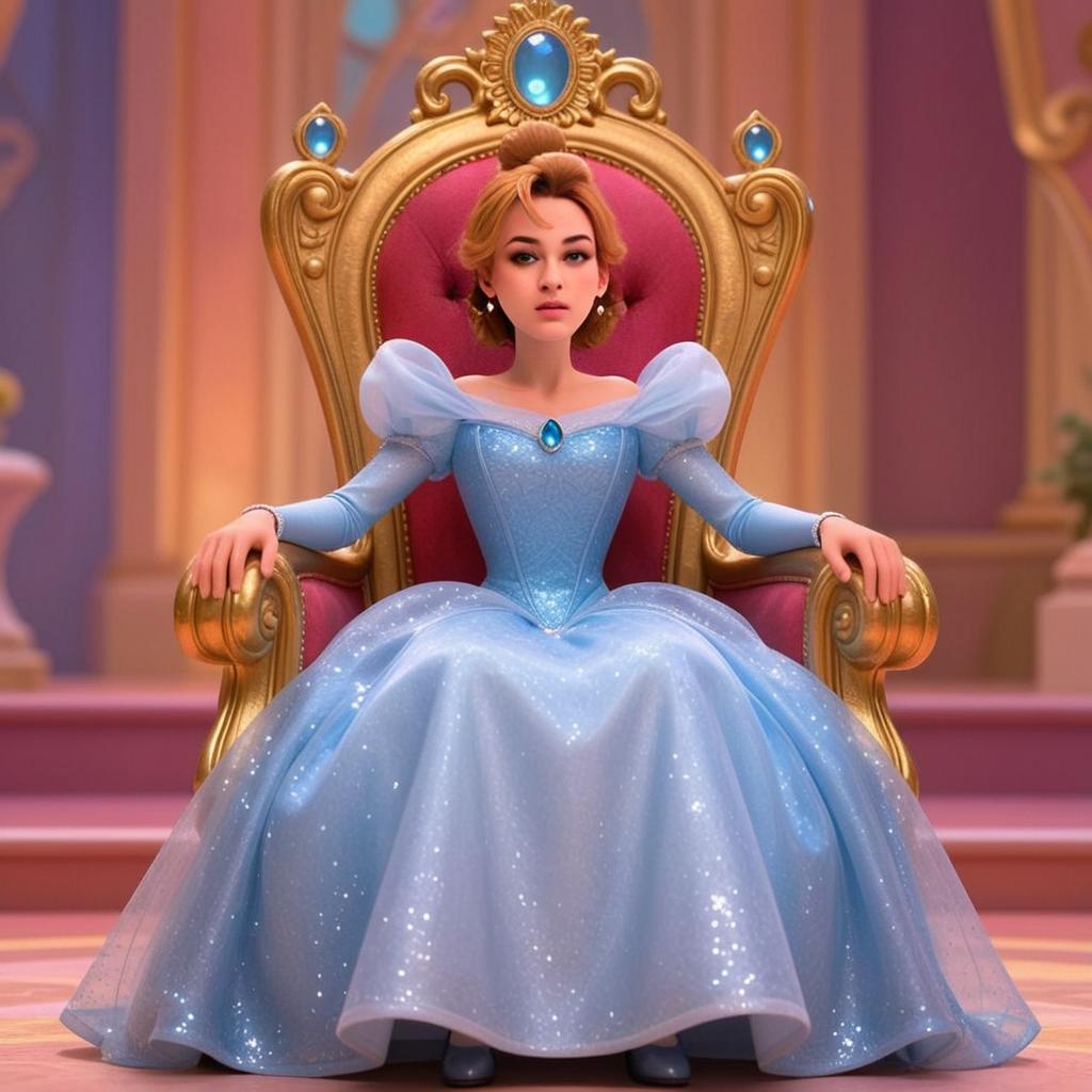 3D Rendered Princess in Sparkling Blue Gown Sitting on Ornate Golden Throne