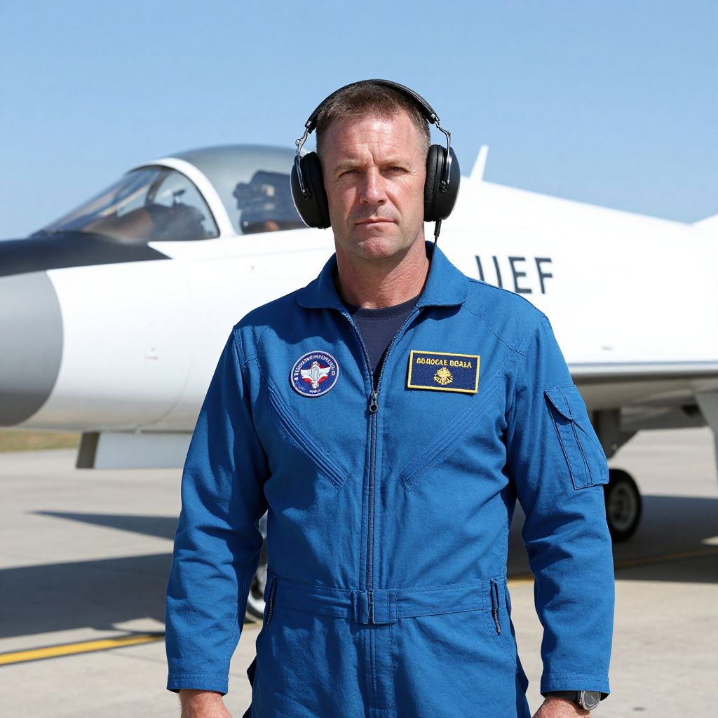 Male Pilot in Blue Flight Suit with Fighter Jet on Airbase