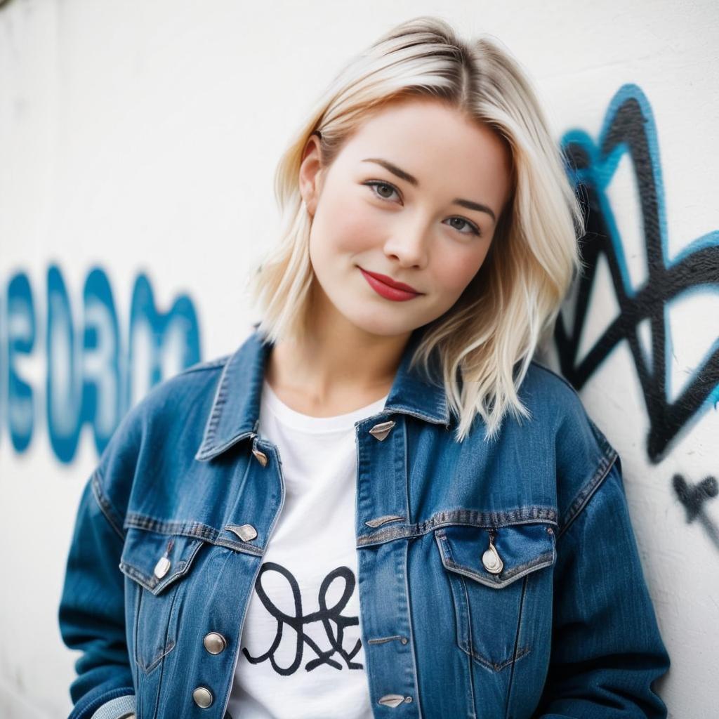 Blonde Woman in Denim Jacket Posing by Graffiti Wall Blonde Woman in Denim Jacket Posing by Graffiti Wall