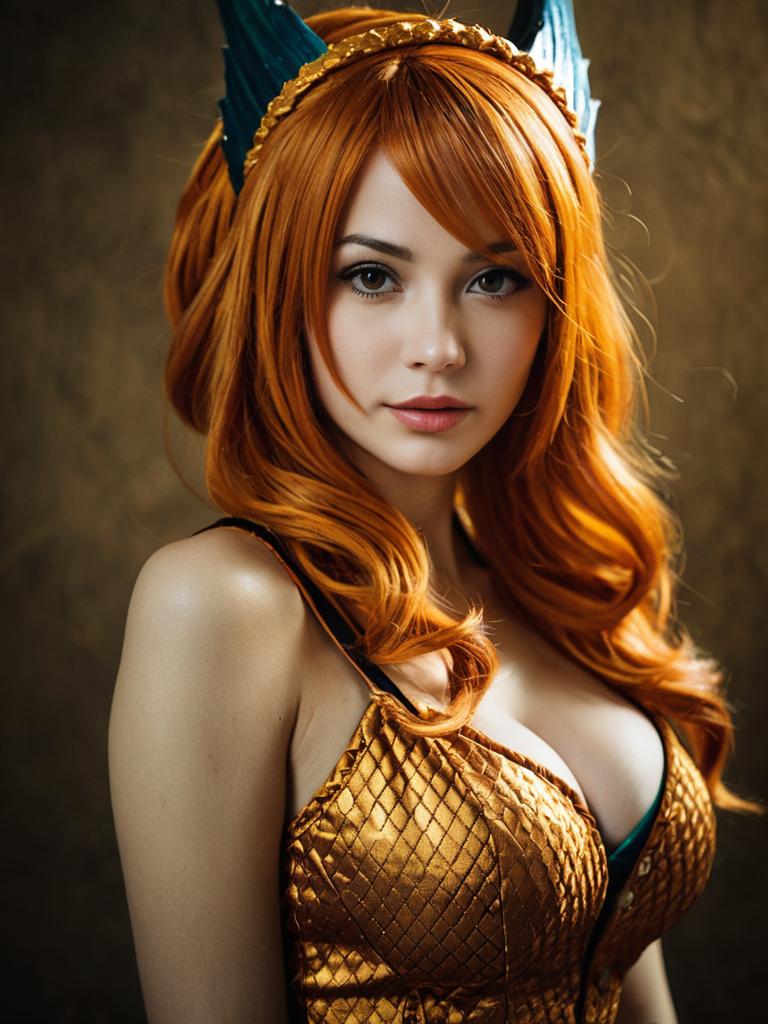 Realistic Nami Cosplay Portrait Woman in Orange Wig and Gold Costume