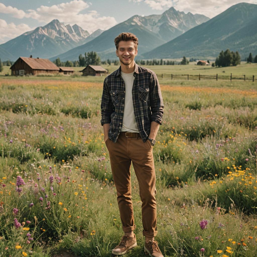 Man in Serene Meadow with Mountains and Barn