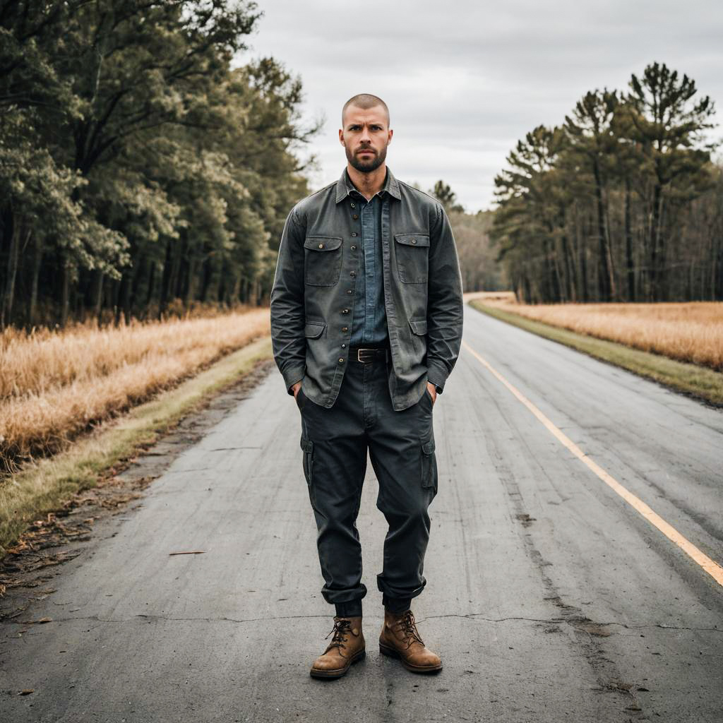 Man Standing on Rural Road in Rugged Outdoor Attire