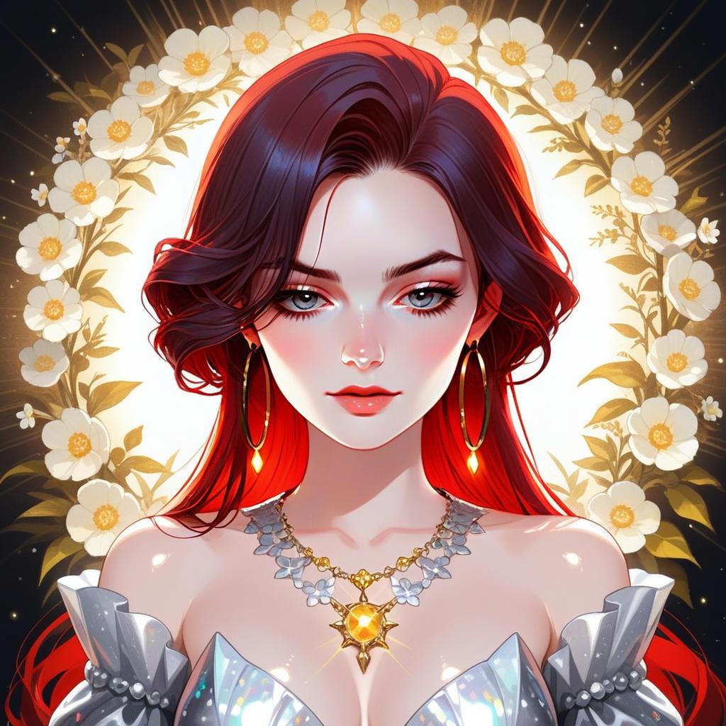 Confident Woman with Dark Red Hair and Blue Eyes
