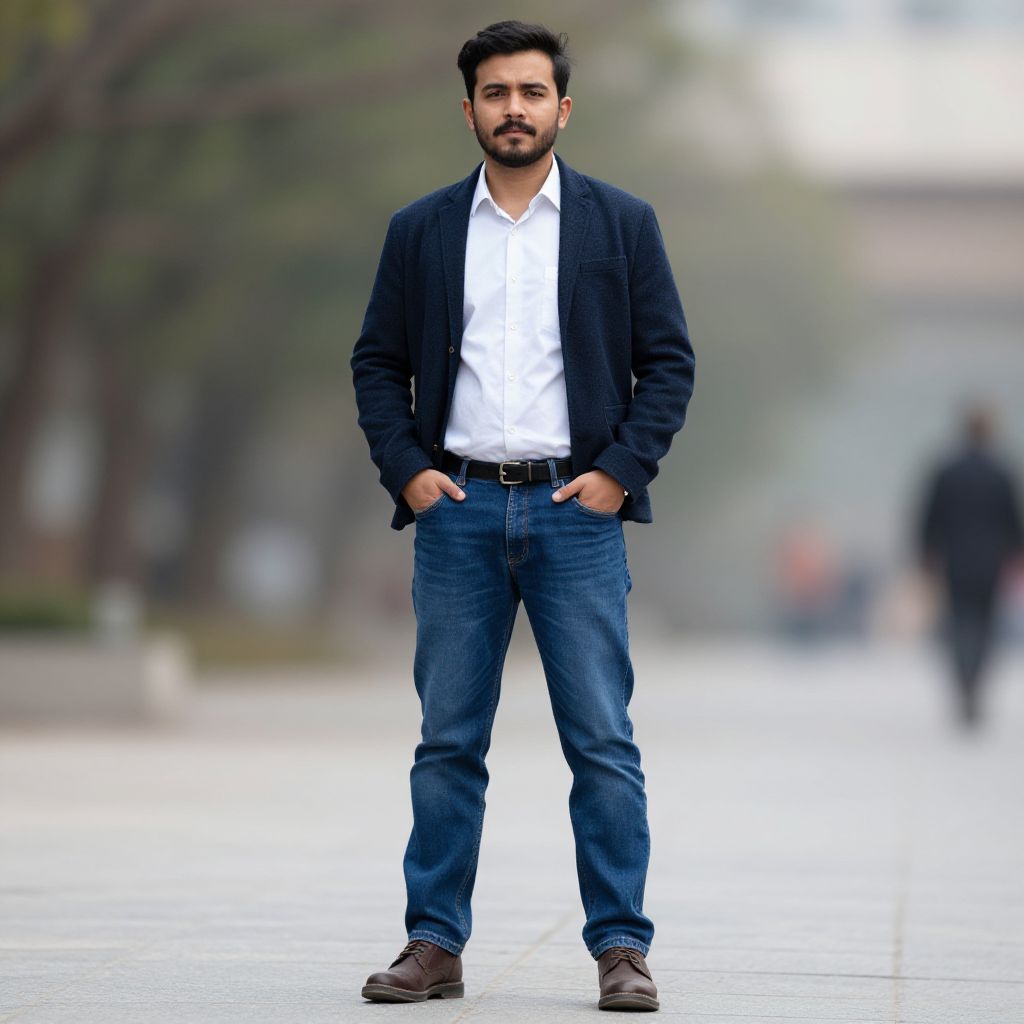 Confident Man in Casual Blazer and Jeans Standing Outdoors