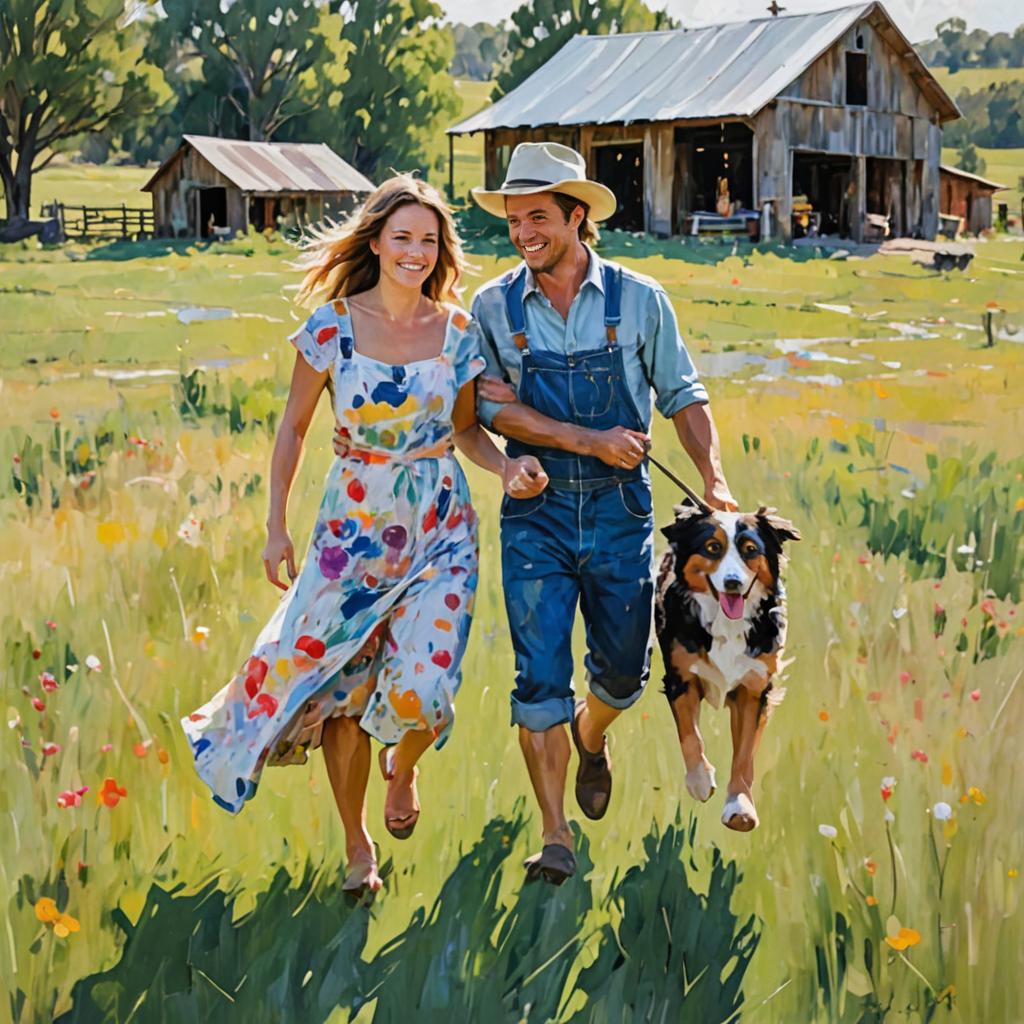 Joyful couple running with dog near barn in sunlit meadow