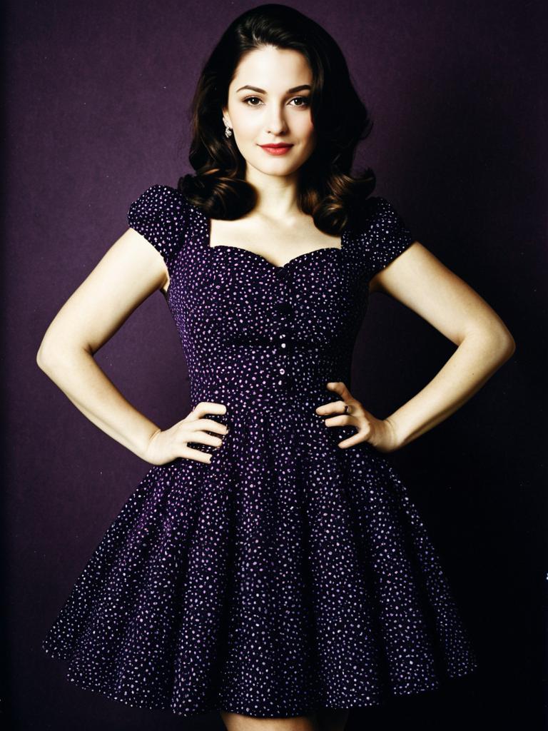 Vintage Style Woman in Purple Polka Dot Dress Posing Confidently