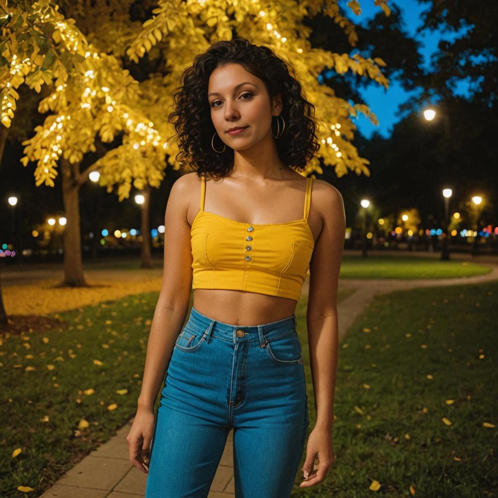 Confident Woman in Yellow Top and Blue Jeans under Evening Lights