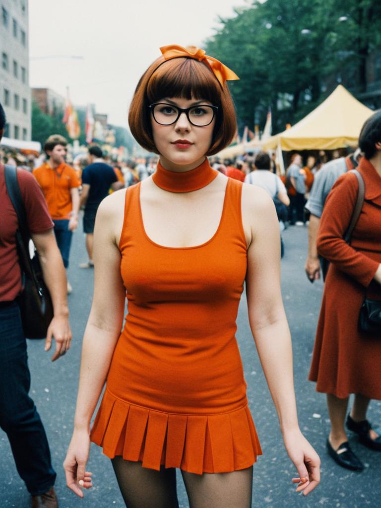 Woman in Photorealistic Velma Costume at Festival in Natural Daylight