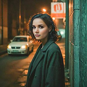 Contemplative Woman at Night in Urban Setting