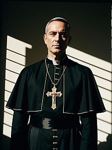 Man in Catholic Priest Costume Waist Up Editorial Portrait Dramatic
