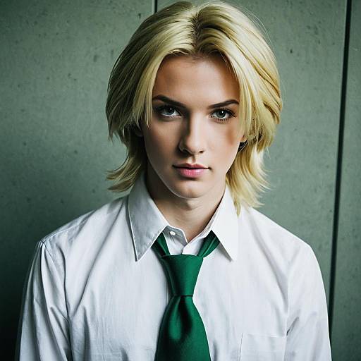 Portrait of Blonde Woman in White Shirt with Green Tie
