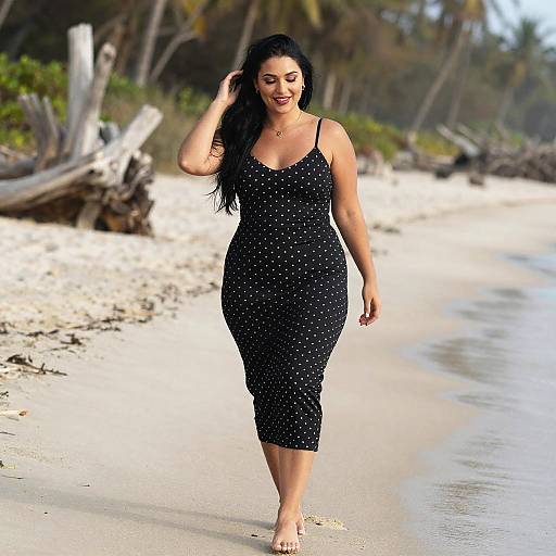 Woman in Polka Dot Midi Dress Walking on Beach