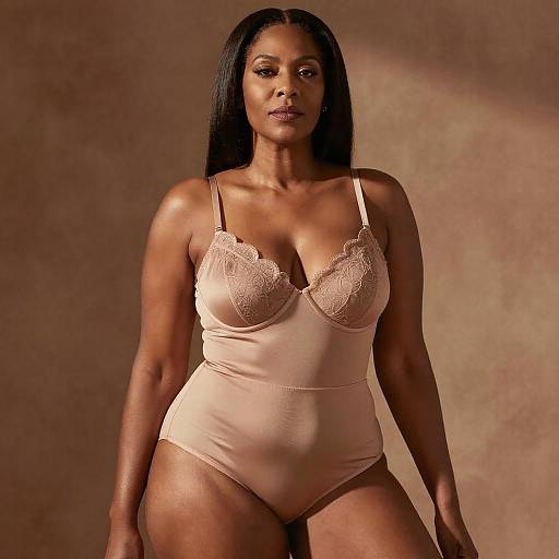 Confident Woman in Nude Lace Bodysuit on Warm Monochromatic Background