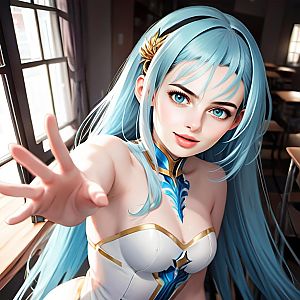 Character with Blue Hair and Eyes in Warm Indoor Setting