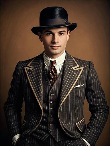 Man in 1920s Attire Wearing Pinstripe Suit and Bowler Hat Editorial Portrait