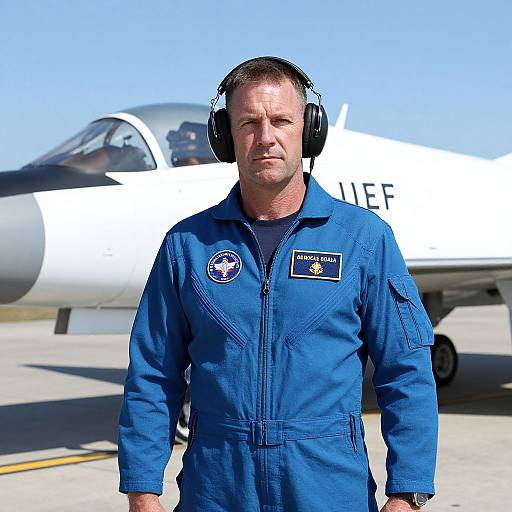 Male Pilot in Blue Flight Suit with Fighter Jet on Airbase