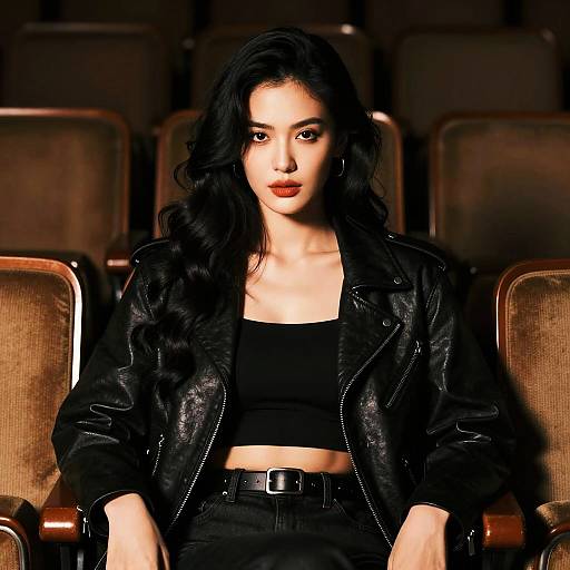 Confident Young Woman in Black Leather Jacket Sitting in Theater