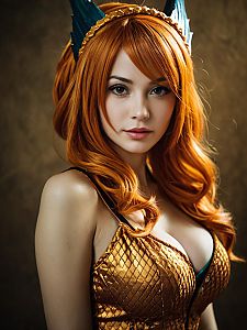 Realistic Nami Cosplay Portrait Woman in Orange Wig and Gold Costume