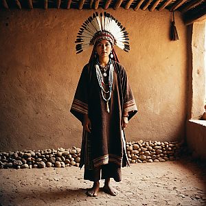 Indigenous Woman in Traditional Feathered Headdress and Beaded Jewelry