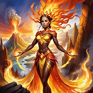 Powerful Woman in Volcanic Landscape with Fiery Hair